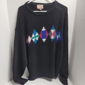 The Fox Collection Men's Black Large Vintage Crewneck Cable Knit Sweater